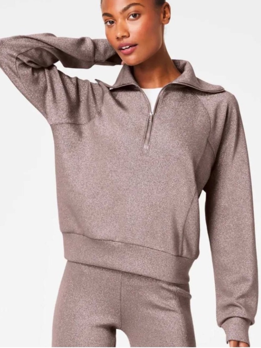 SPANX AirEssentials Smoke Silver Half Zip Pullover Metallic Shimmer Medium